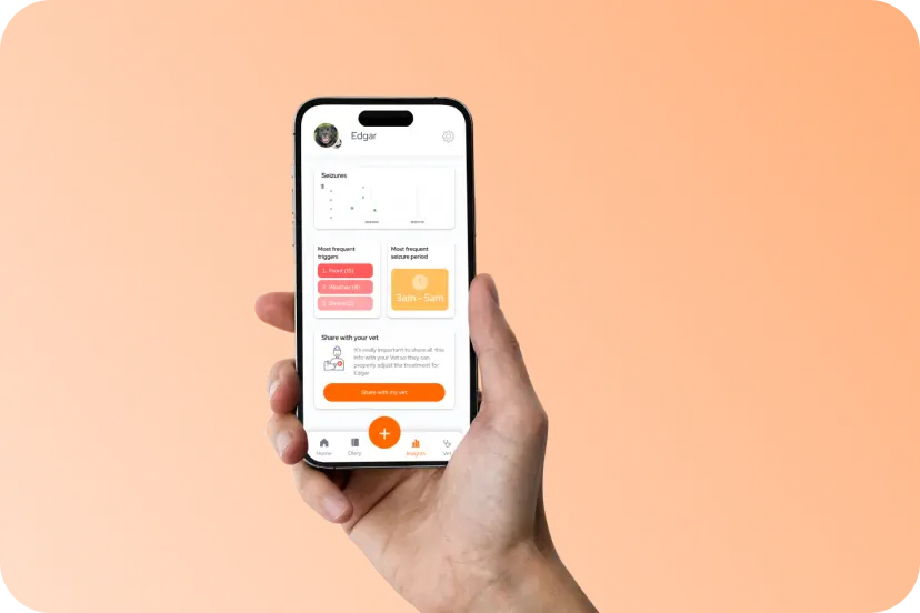 The image shows a hand holding a smartphone displaying the app interface, with an orange background.